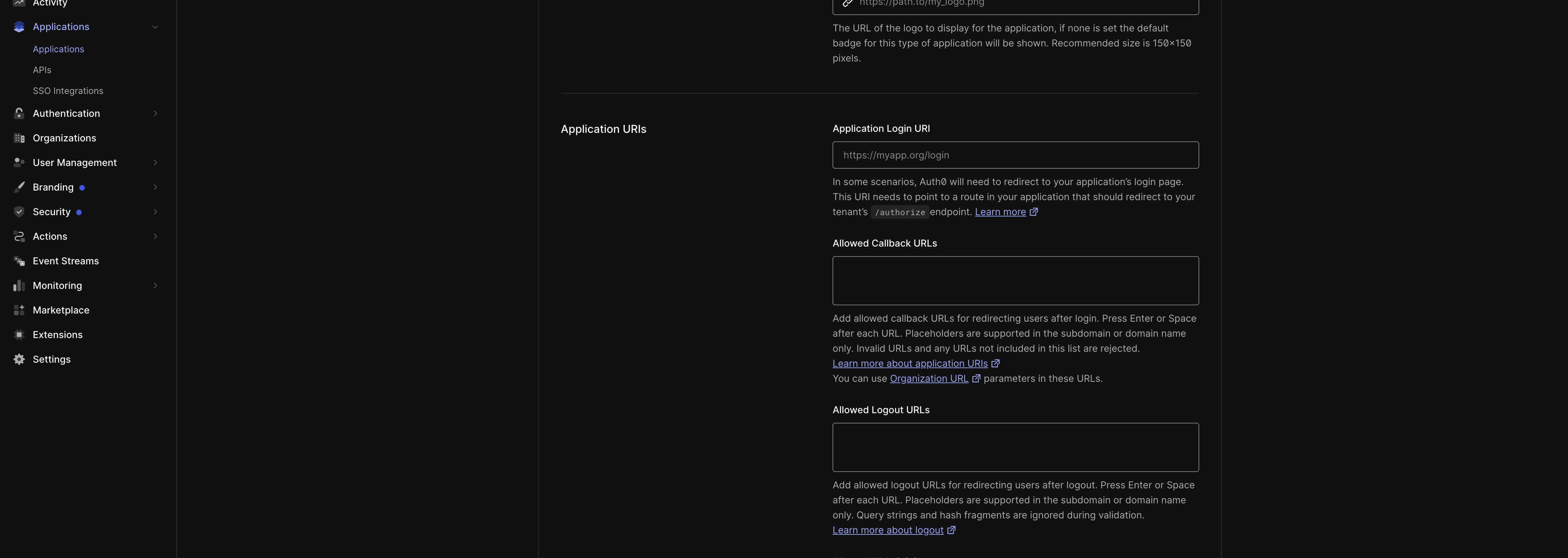 Auth0 application Settings — Allowed Callback URLs and Allowed Logout URLs