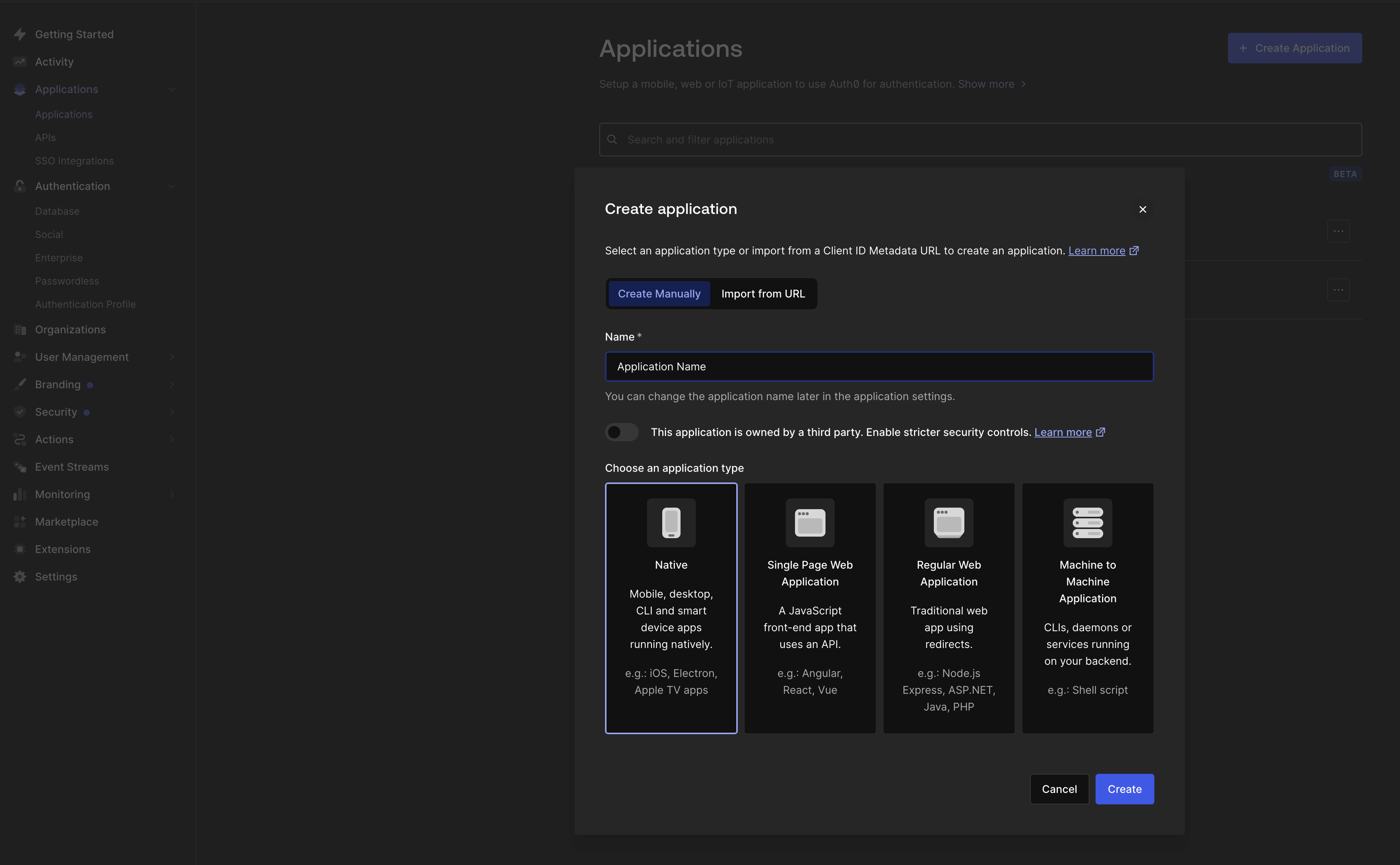Auth0 → Applications → Create Application