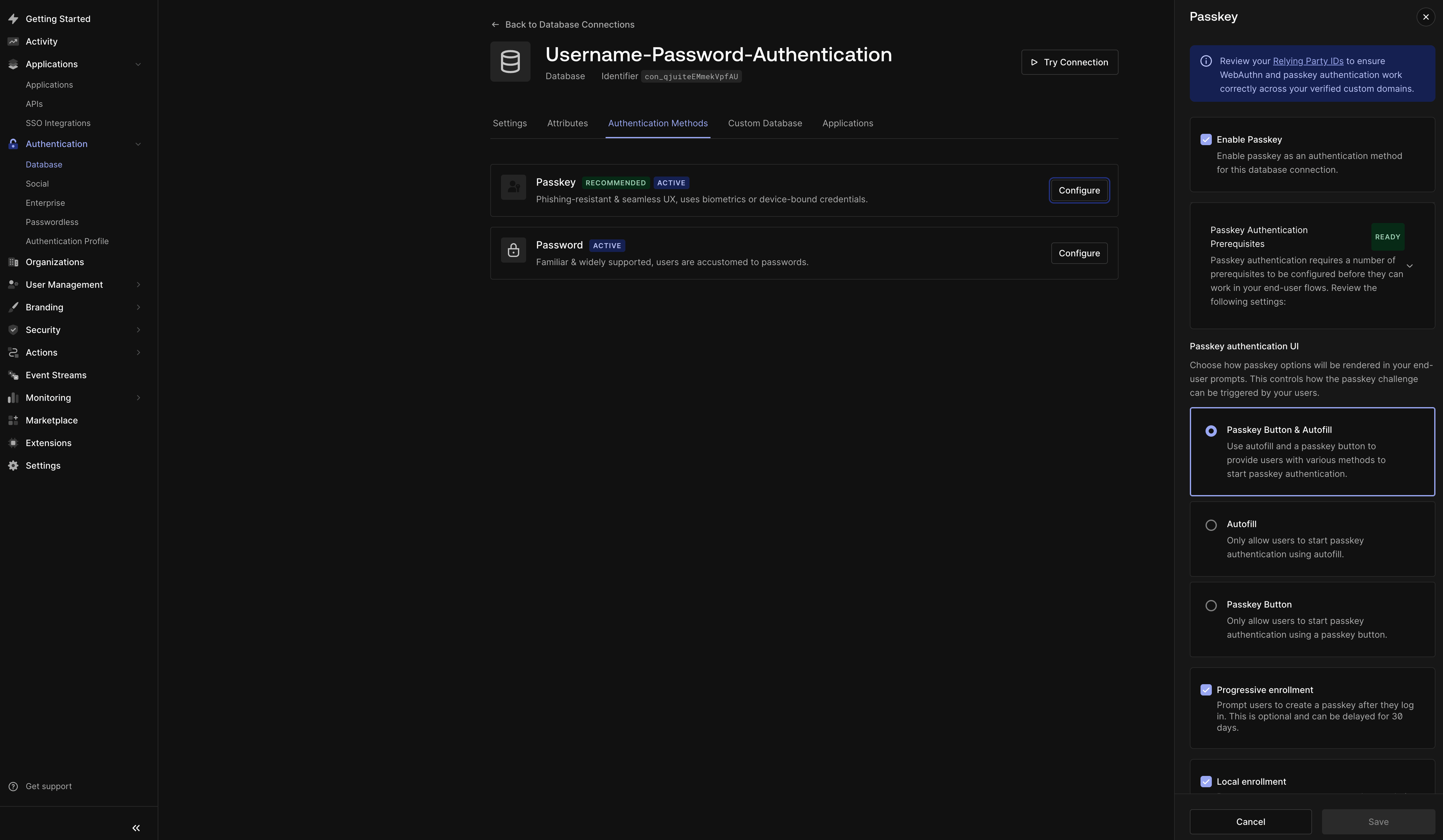 Auth0 Database connection — Authentication Methods with passkeys enabled