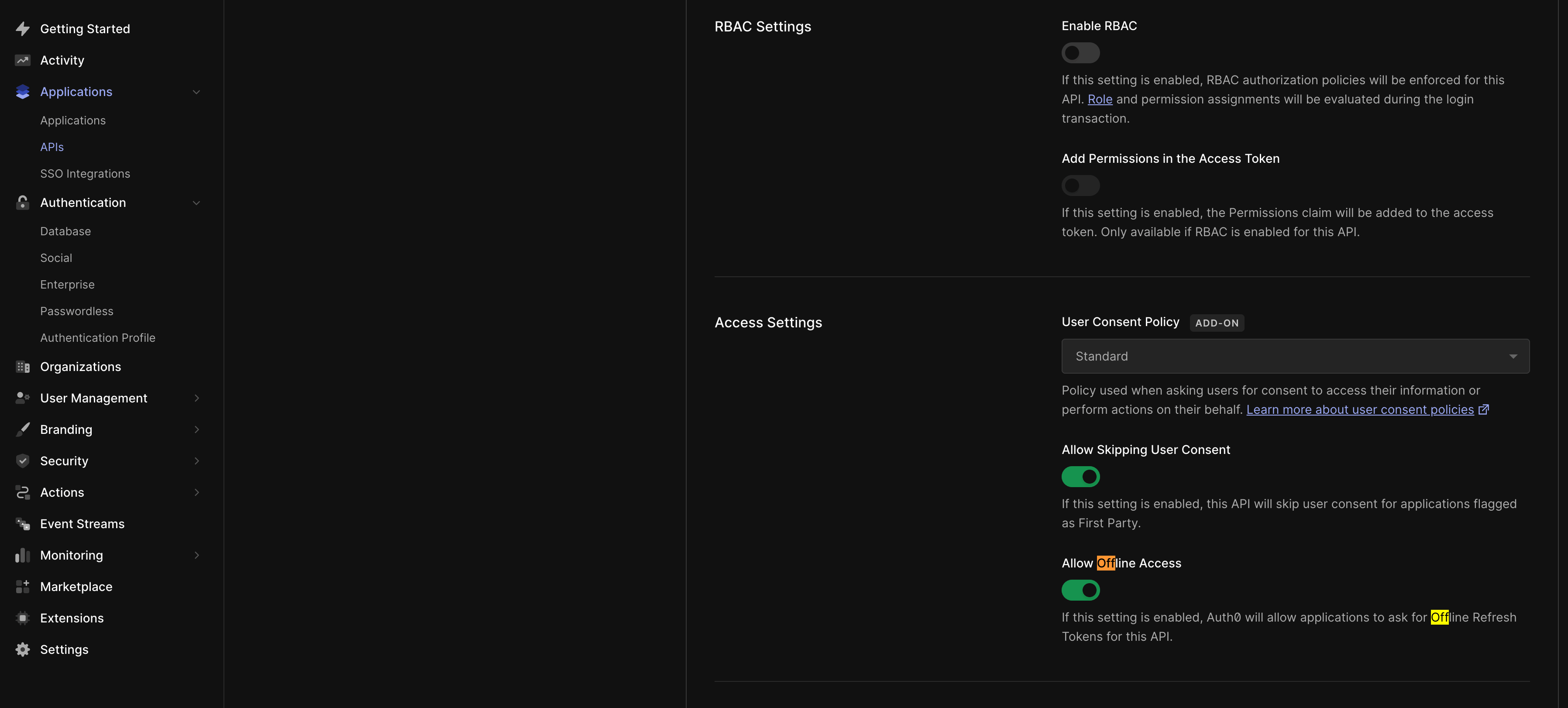 Auth0 API Settings — Allow Offline Access