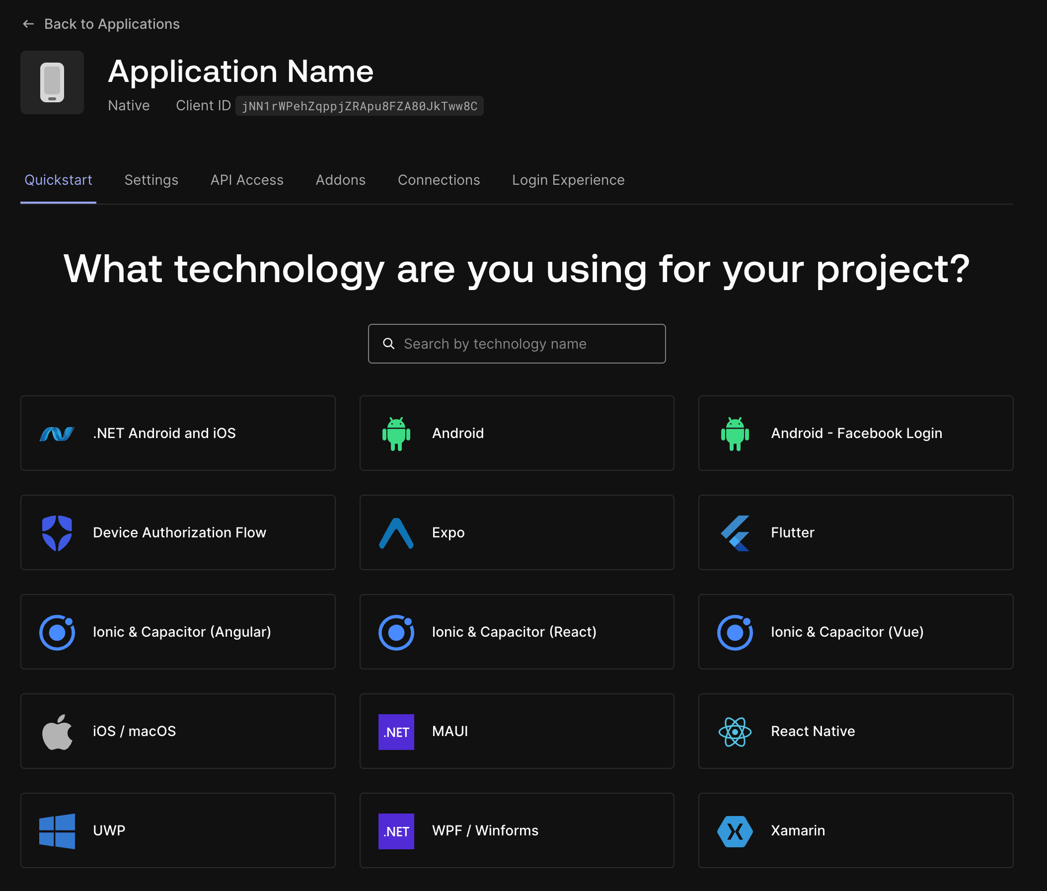 Select the React Native application type