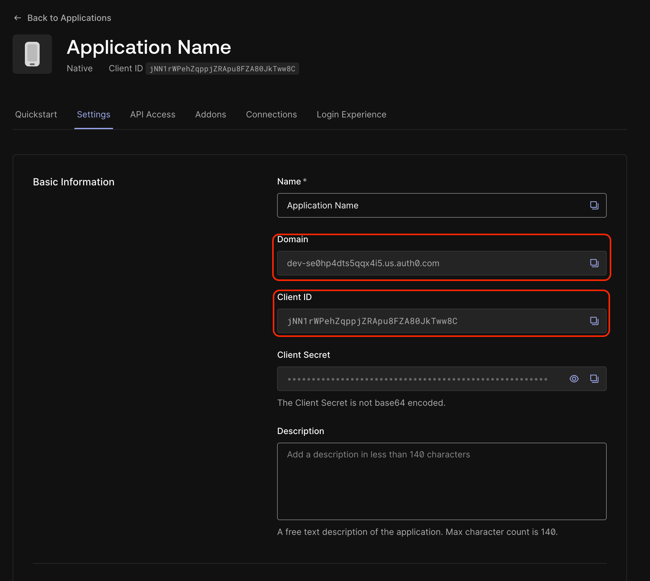 Auth0 application Settings — Domain and Client ID
