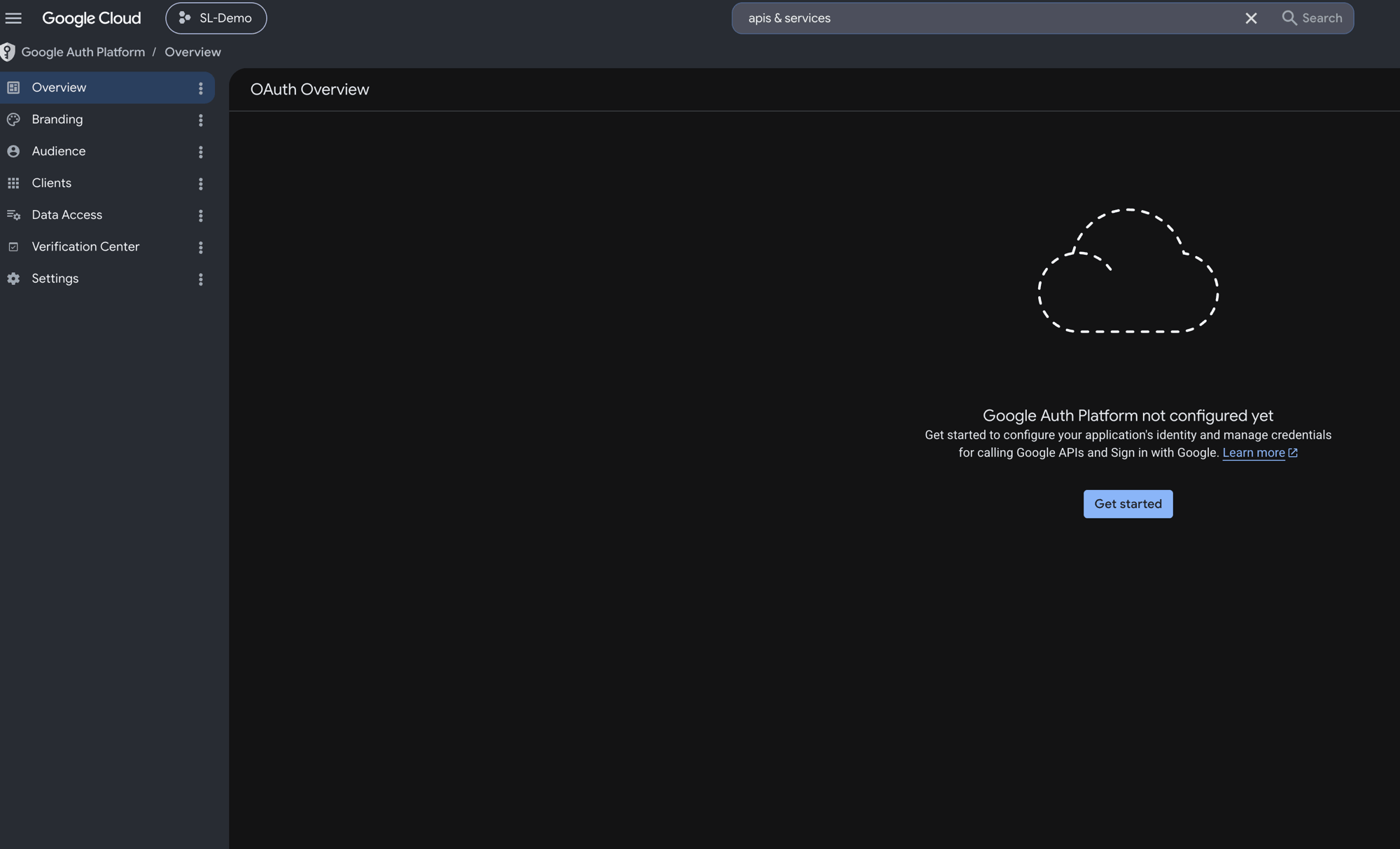 Google Auth Platform — not configured yet, Get started